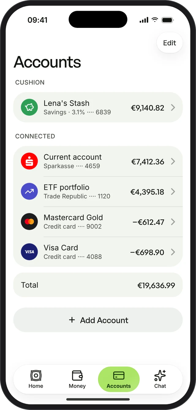 Accounts list with exact balances