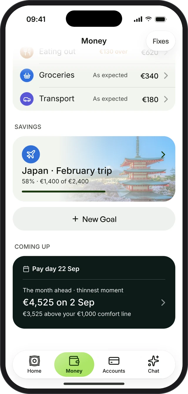 Coming up card on the Money tab