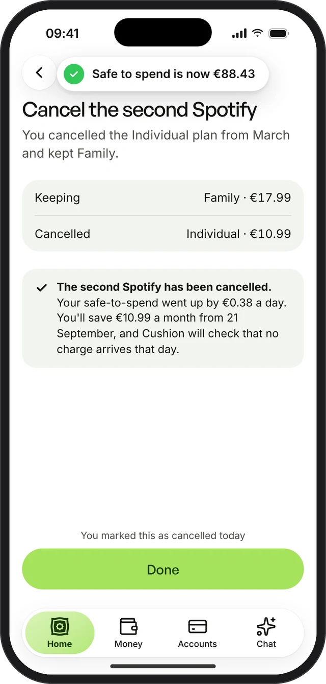 Duplicate Spotify cancelled with the effect on safe to spend