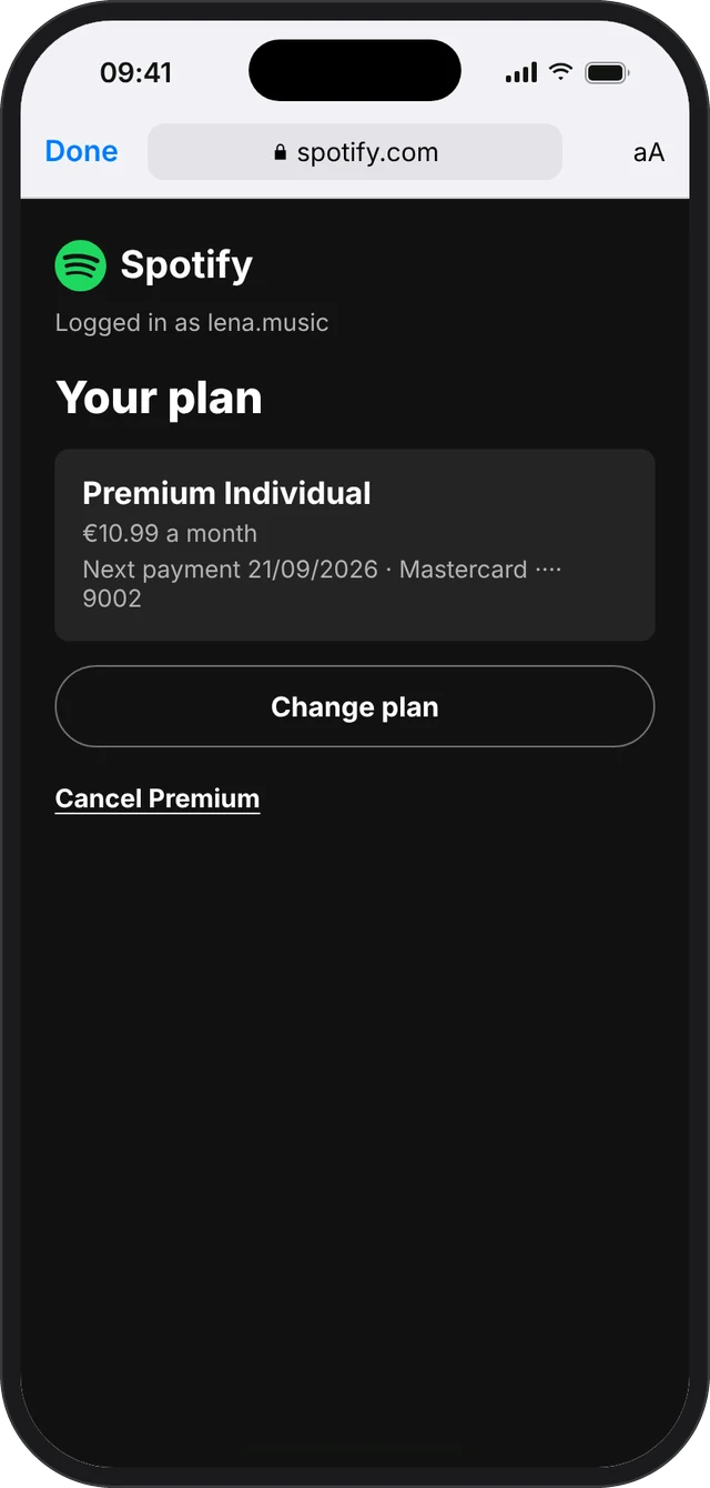 Spotify’s site opened to cancel a duplicate plan